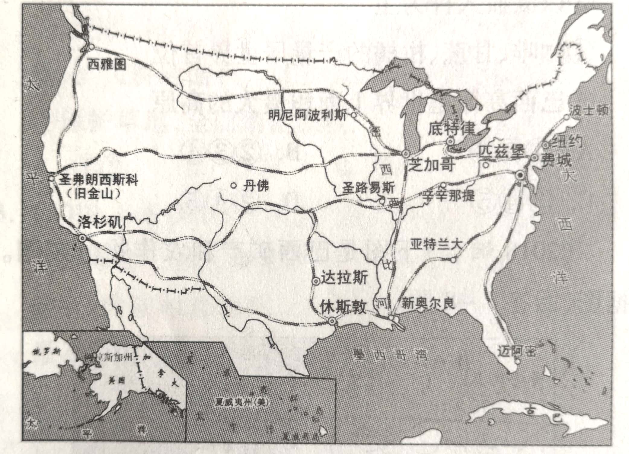 第九章 西半球的国家 /  试题详情读下图"美国铁路干线分布图".